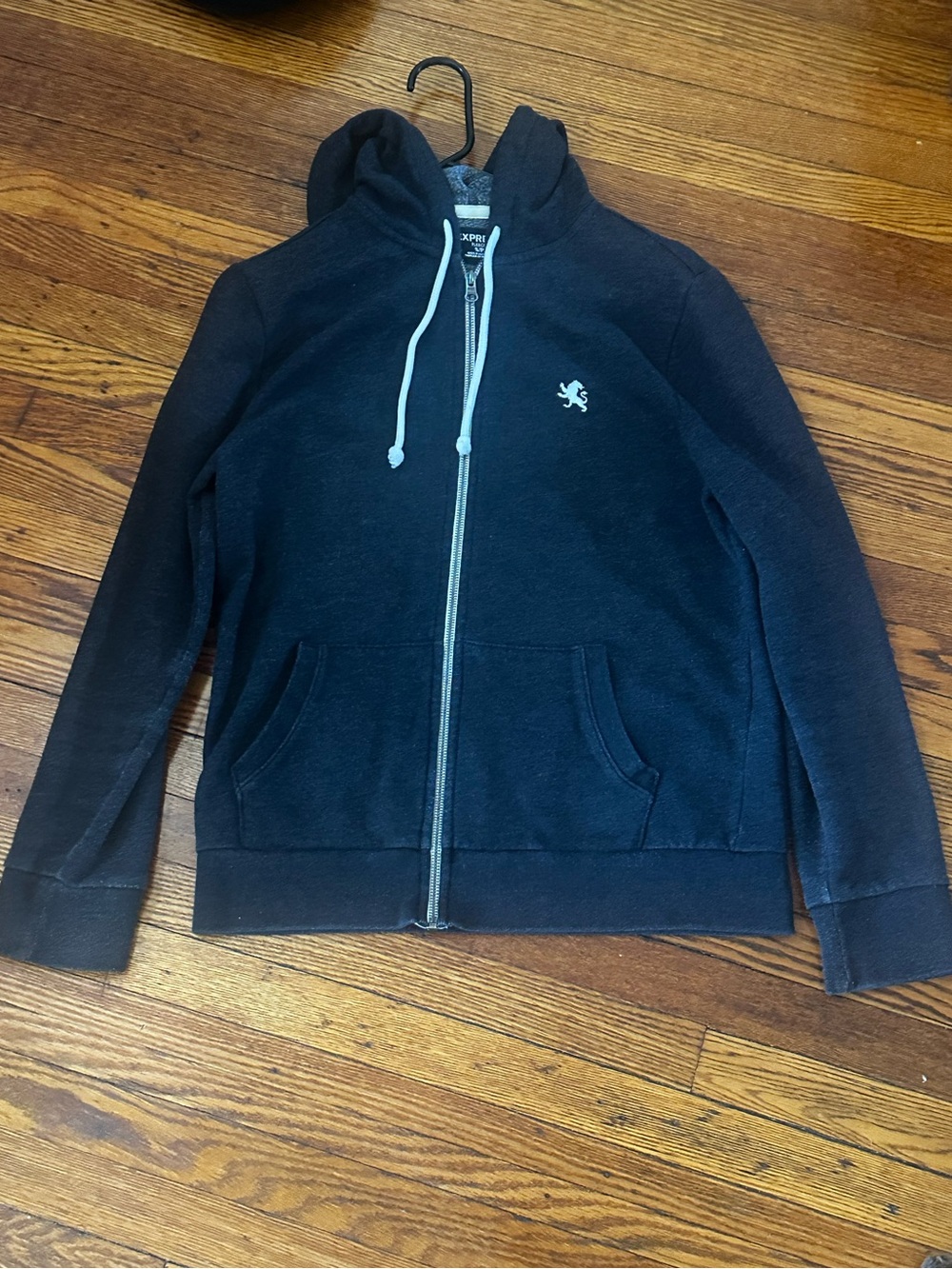 Express Men's Dark Gray Fleece Zip-Up Hoodie Sweater w/ LogoContrast Drawstrings